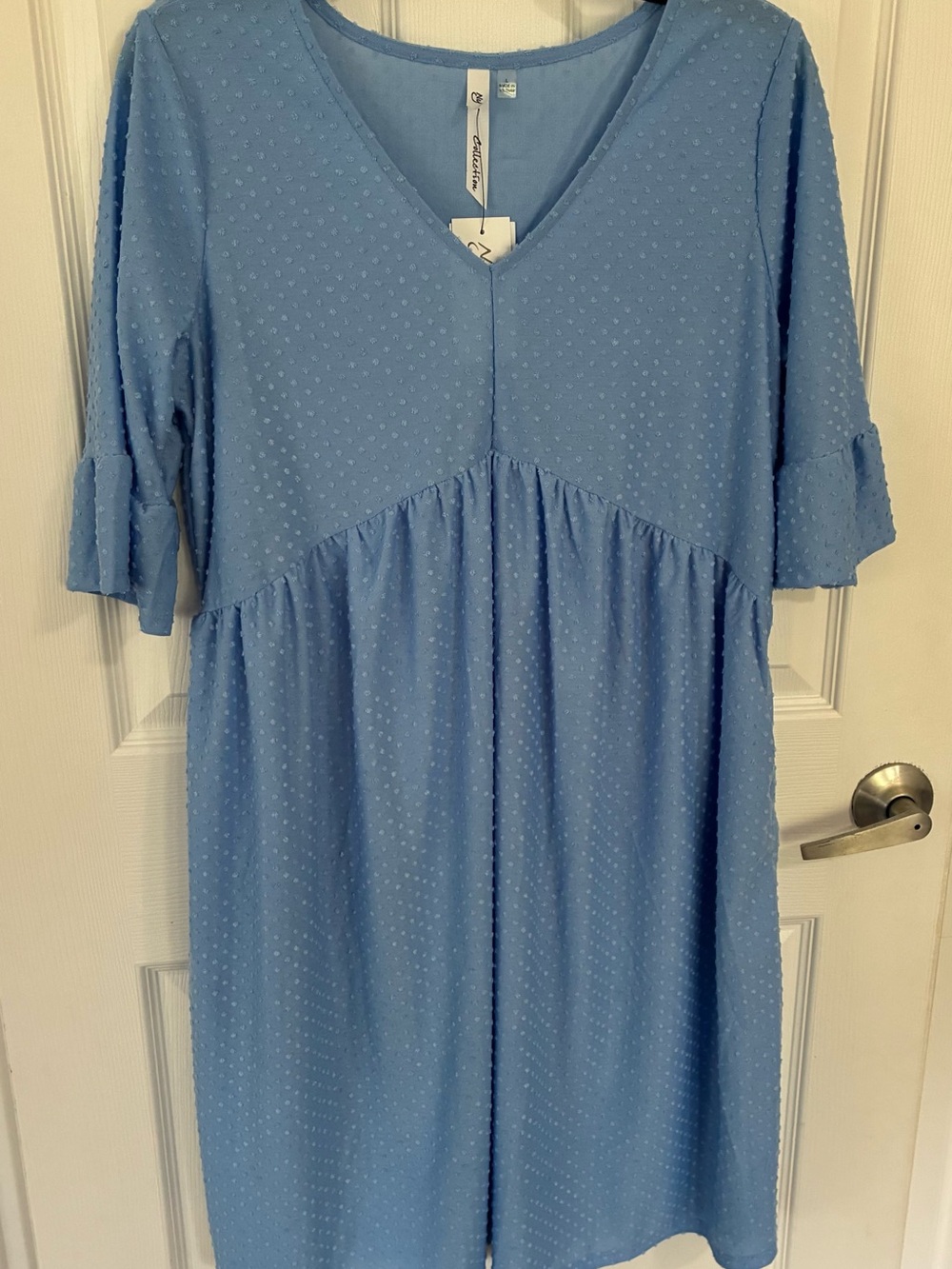 NY Collection Blue Swiss Dot V-Neck Midi Dress NWT